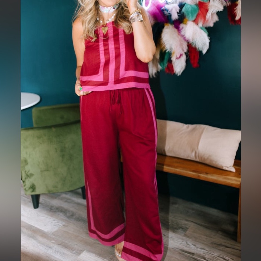 Entro Linen Set Two-Piece Wide-Leg Set in Burgundy and Pink Size Large NWT